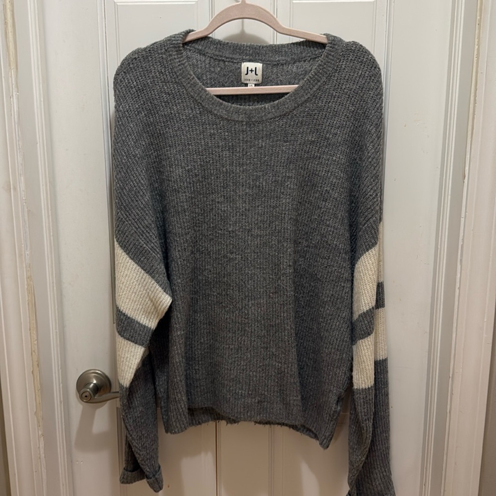 Grey and white striped sweater. J + J. John and Jenn. Size L.